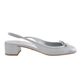 Prada Grey Blue Triangle Logo Bow Ballerina Mule Block Heel Slingback Pump 39.5